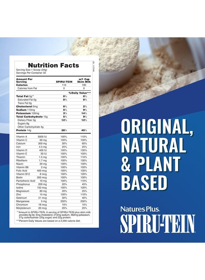 NaturesPlus SPIRU-TEIN Shake - Banana Flavor - 2.4 lbs, Spirulina Protein Powder - Plant Based Meal Replacement, Vitamins & Minerals For Energy - Vegetarian, Gluten-Free - 32 Servings