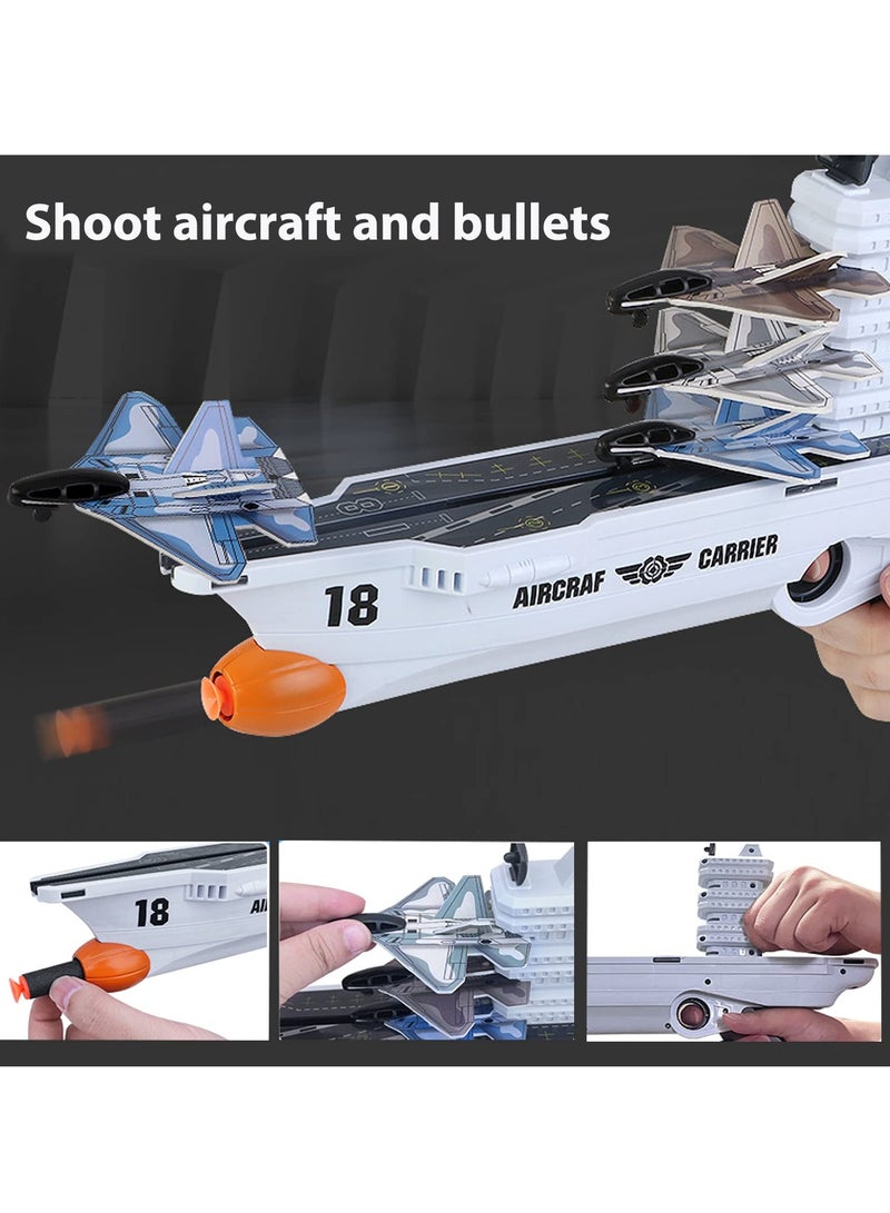 Airplane Launcher Toys, Aircraft Carrier Toy, One-Click Ejection Airplane Game with 4 Pcs Foam Glider Plane and 8 Pcs Foam Poles, Outdoor Flying Toys Birthday Gifts for Boys Girls 4-12 Year Old