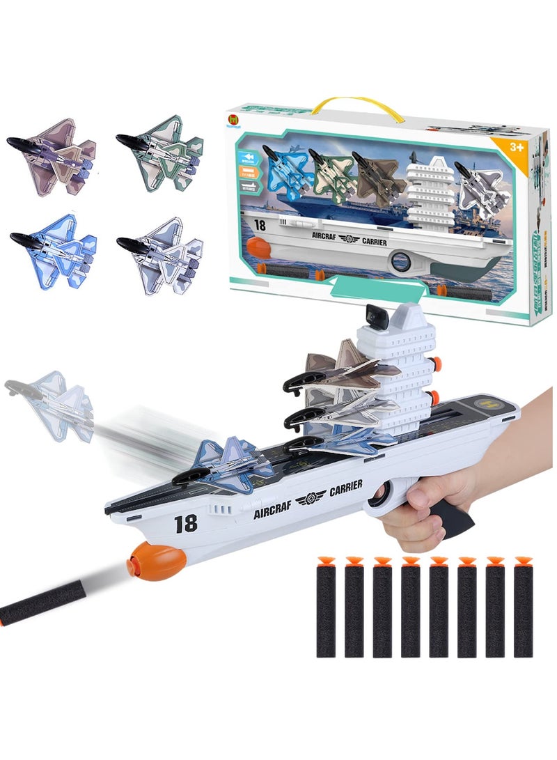 Airplane Launcher Toys, Aircraft Carrier Toy, One-Click Ejection Airplane Game with 4 Pcs Foam Glider Plane and 8 Pcs Foam Poles, Outdoor Flying Toys Birthday Gifts for Boys Girls 4-12 Year Old