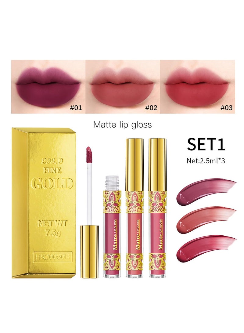 3Pcs Matte Lipstick, 3 Colors Velvet Nude High Pigment Not Fade Smooth Long-Lasting Wear Non-Stick Cup Waterproof Matte Lip Gloss for Lip Makeup for Women and Teenage Girls