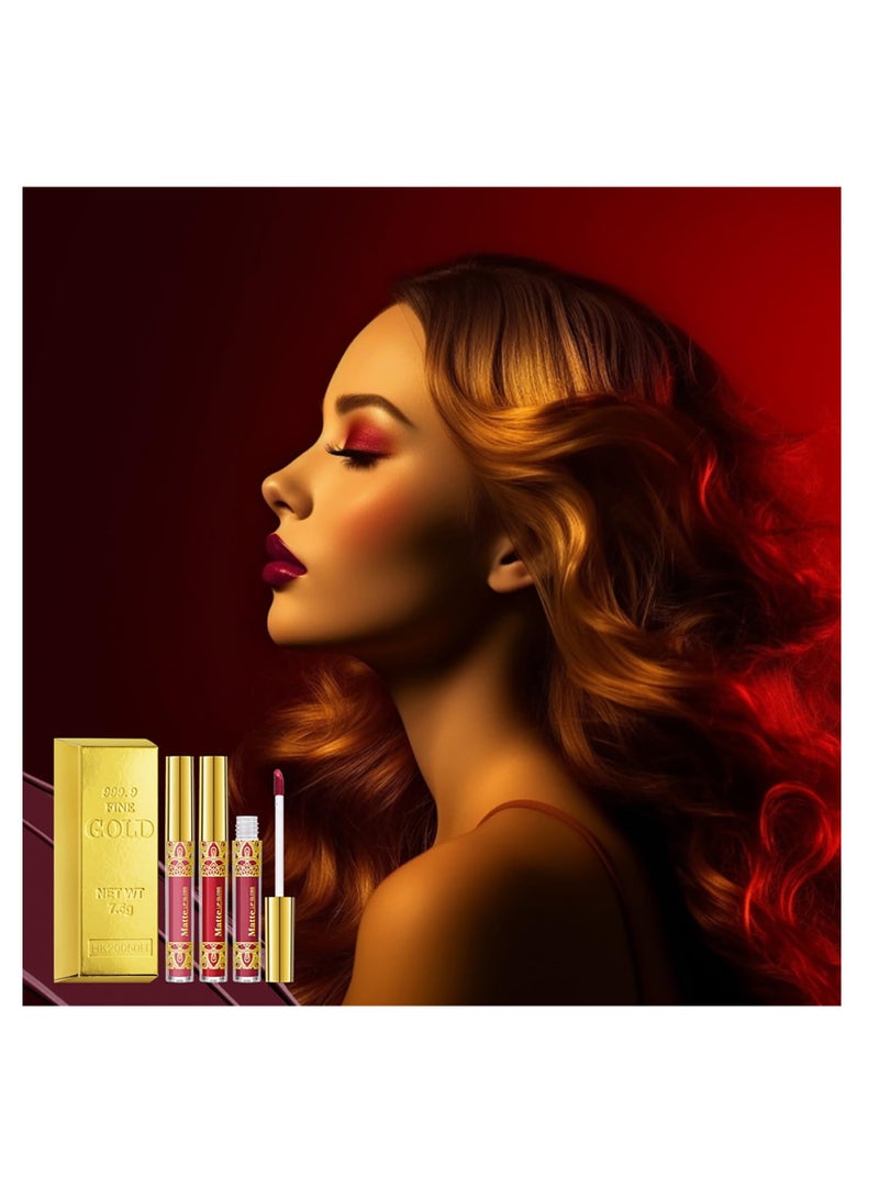 3Pcs Matte Lipstick, 3 Colors Velvet Nude High Pigment Not Fade Smooth Long-Lasting Wear Non-Stick Cup Waterproof Matte Lip Gloss for Lip Makeup for Women and Teenage Girls