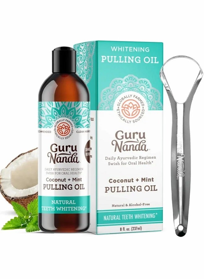 Coconut & Mint Pulling Oi- with Tongue Scraper Inside the Box,  Natural, Alcohol Free Mouthwash to Help With Fresh Breath, Teeth Whitening and Healthier Teeth & Gums (8 Fl.Oz)