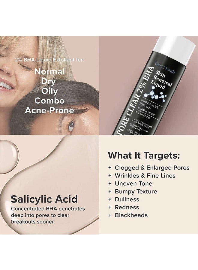 Skin Renewal liquid- pore clear 2% BHA Salicylic Acid Exfoliant Gentle Exfoliator for Blackheads Large Pores Wrinkles and Fine Lines Shrinks Enlarged Pores Smooths and Evens Skin Tone Face Exfoliator