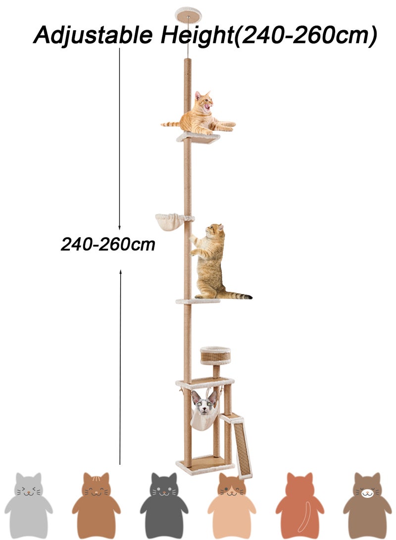 Large Cat Tower Cat Climbing Frame Cat Tree Floor to Ceiling Tower Adjustable Height(240-260cm) Climbing Activity Center Cozy Hammocks With Scratching Post