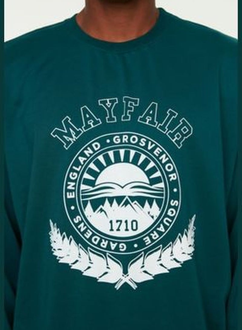 Men's Emerald Green Oversize/Wide-Fit Crew Neck College Printed Sweatshirt TMNAW22SW0812