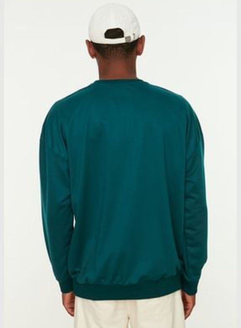 Men's Emerald Green Oversize/Wide-Fit Crew Neck College Printed Sweatshirt TMNAW22SW0812