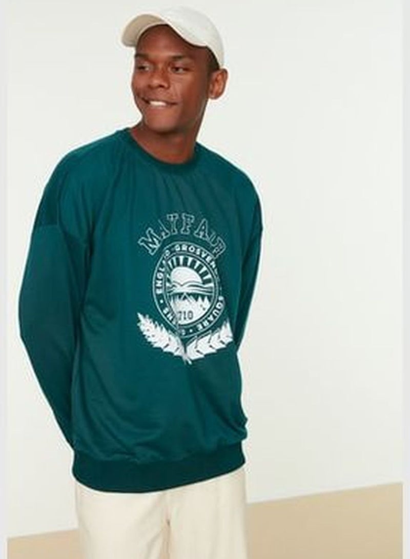 Men's Emerald Green Oversize/Wide-Fit Crew Neck College Printed Sweatshirt TMNAW22SW0812