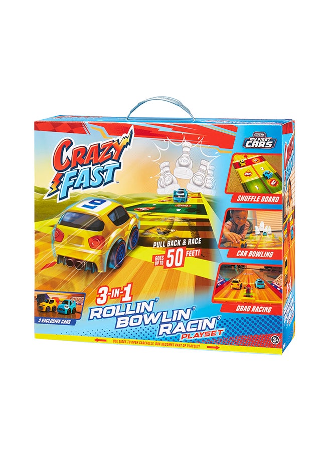 Little Tikes, My First Cars, Crazy Fast 3-in-1 Rollin’ Bowlin’ Racin’ Playset with 2 Exclusive Pullback Toy Car Vehicles, Goes up to 50ft