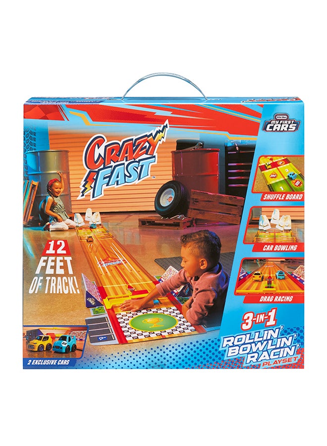 Little Tikes, My First Cars, Crazy Fast 3-in-1 Rollin’ Bowlin’ Racin’ Playset with 2 Exclusive Pullback Toy Car Vehicles, Goes up to 50ft