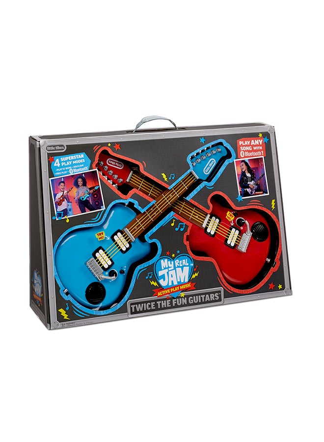 Little Tikes My Real Jam Twice The Fun Guitar, Two Toy Electric Guitars with Cases and Straps, 4 Play Modes, and Bluetooth Connectivity