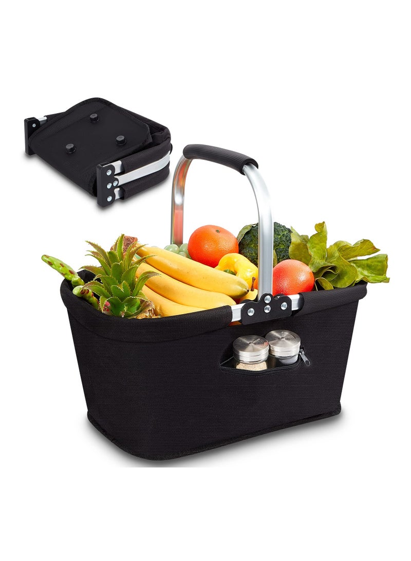 Folding Large Picnic Basket Shopping Basket, Portable Market Basket with Handle, Fruit Vegetable Gathering Basket, Reusable Collapsible Basket Grocery Bag Storage Organizer Basket, Black