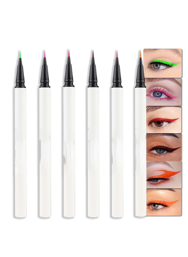 6Pcs Waterproof Colored Eyeliner Liquid Eye Liner Set, Waterproof Liquid Eyeliner, Light Green Pink Wine Red Orange Red, Fine Speed Dry Liquid Eyeliner, Waterproof, Long-Stay and Mess-Proof