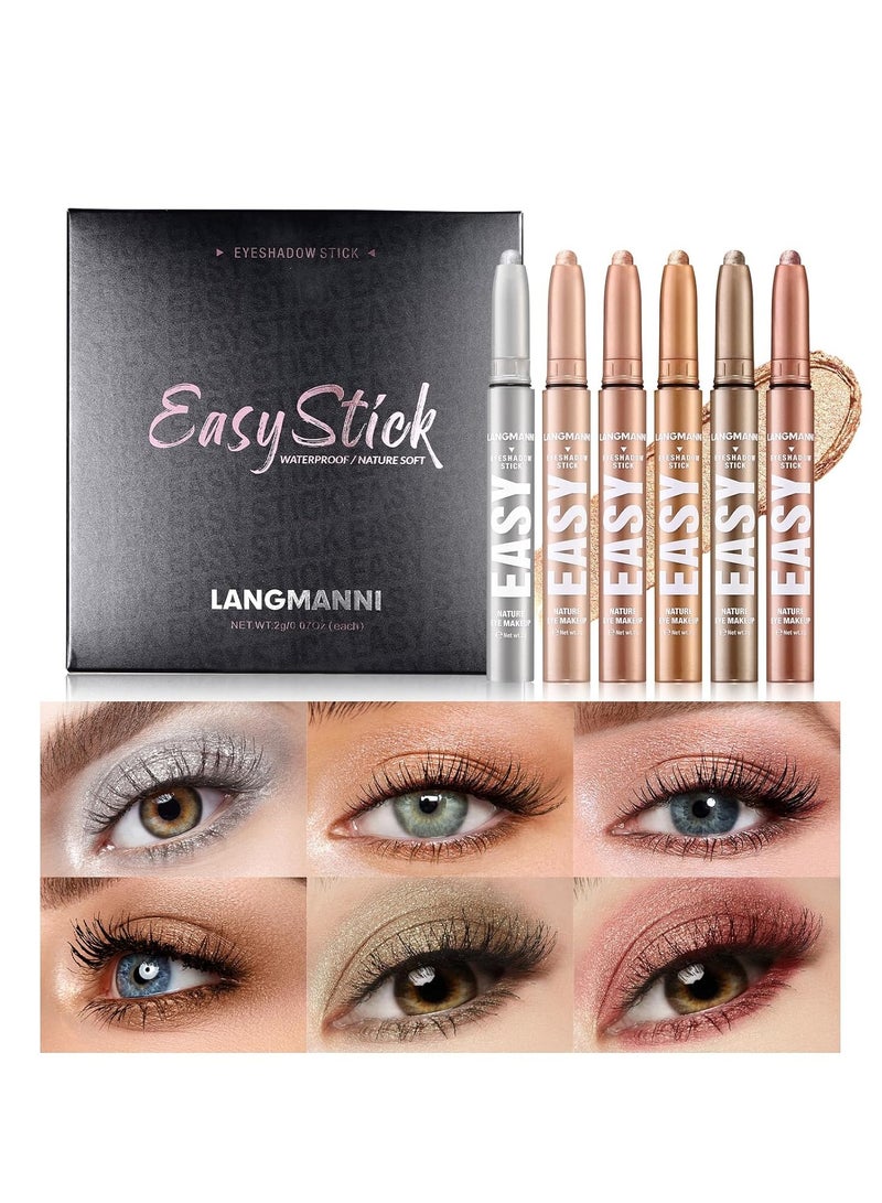 6 PCS Eyeshadow Stick Set, Waterproof Multi-Color Eyeshadow Pen Set, Cream Eye Shadow Sticks Set, Waterproof Matte, Long-Lasting Eye Makeup Kit, Natural & Shimmer Shades Contour Stick (#B)