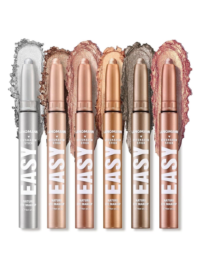 6 PCS Eyeshadow Stick Set, Waterproof Multi-Color Eyeshadow Pen Set, Cream Eye Shadow Sticks Set, Waterproof Matte, Long-Lasting Eye Makeup Kit, Natural & Shimmer Shades Contour Stick (#B)