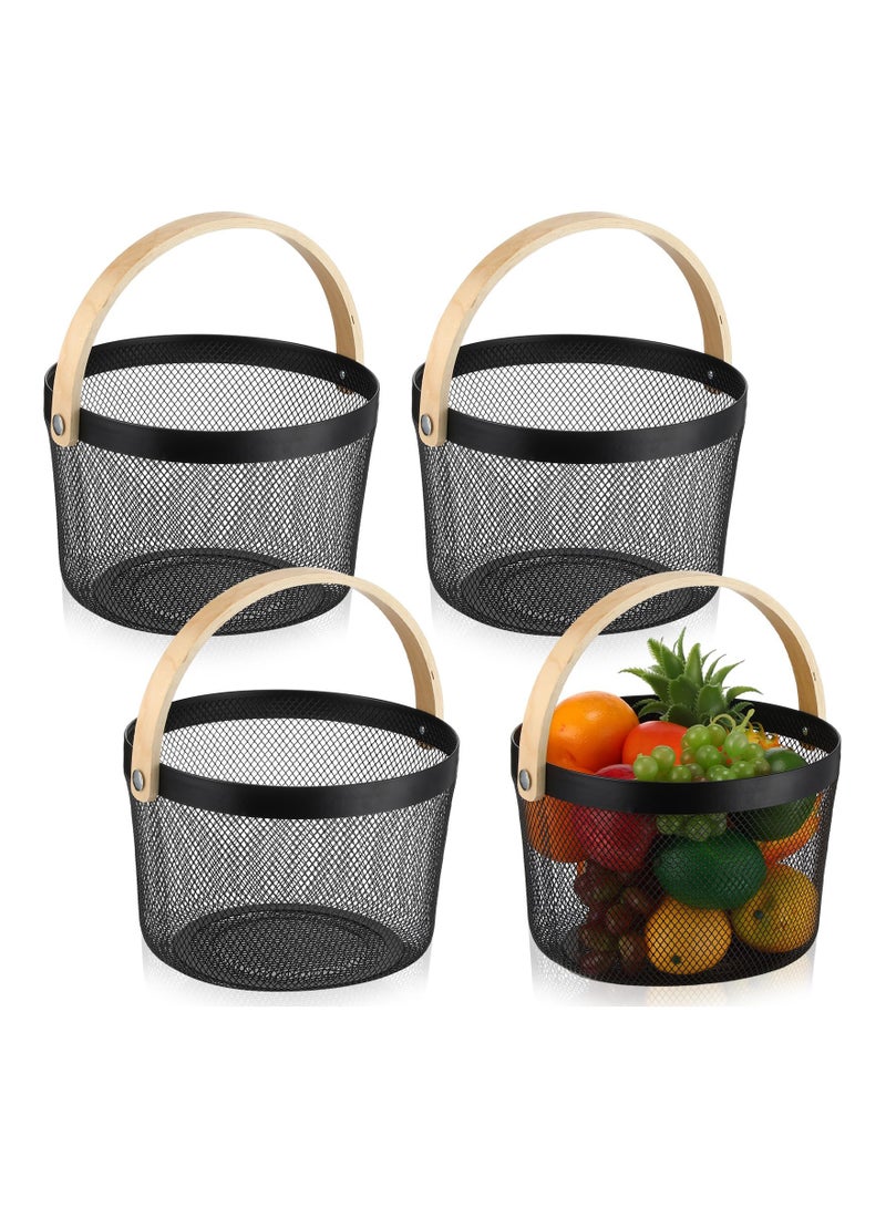 4Pcs Picnic Basket Fruit Drainer Basket with Handle, Round Mesh Steel Basket Garden Harvest Basket, Storage Organizer Basket Hanging Kitchen Baskets Fruit Vegetable Gathering Basket, Black