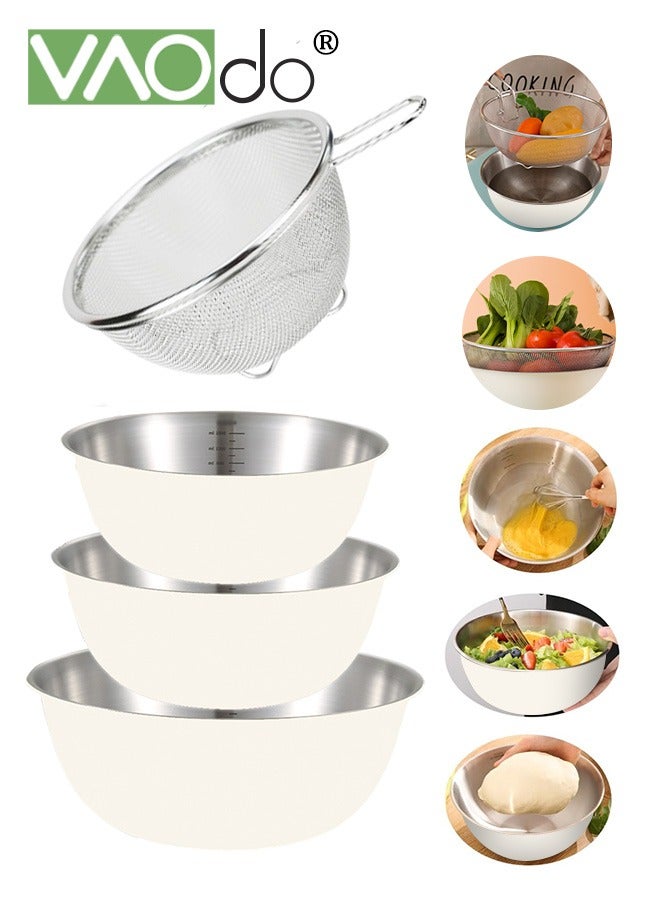 Mixing Bowl and Colander Stainless Steel Bowl for Salad Pasta Mixing Dough Baking Colander for Cooking Sifter Strainer White