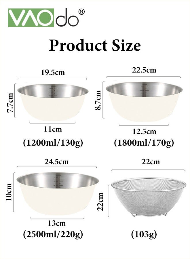 Mixing Bowl and Colander Stainless Steel Bowl for Salad Pasta Mixing Dough Baking Colander for Cooking Sifter Strainer White