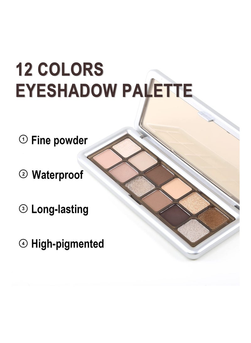 Highly Pigmented Eye Makeup Palette, 12 Colors Matte Shimmer Metallic Eyeshadow Pallet, Blendable Natural Colors Make Up Long Lasting Eye Shadows Cosmetics Gift Kit with Brush