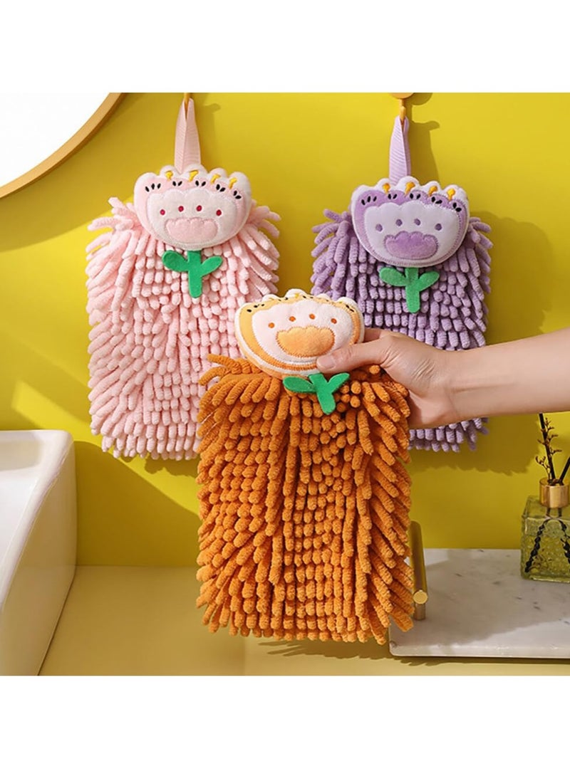 Plush Chenille Hanging Hand Towels, Soft Absorbent Microfiber Hand Towels Quick-Drying  Cartoon Flowers Hand Towel with Hanging Loops for Bathroom Kitchen, Purple+Orange+Pink