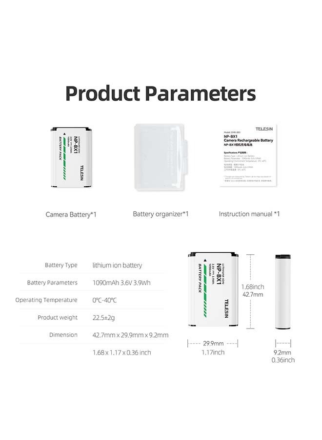 TELESIN 2Pcs NP-BX1 Battery for Sony NP-BX1/M8, ZV-1, ZV-1 II, Cyber-Shot DSC-HX80, HX90V, HX95, HX99, HX350, RX1, RX1R II, RX100 (II/III/IV/V/VA/VI/VII), FDR-X3000, HDR-AS50, AS300, and More
