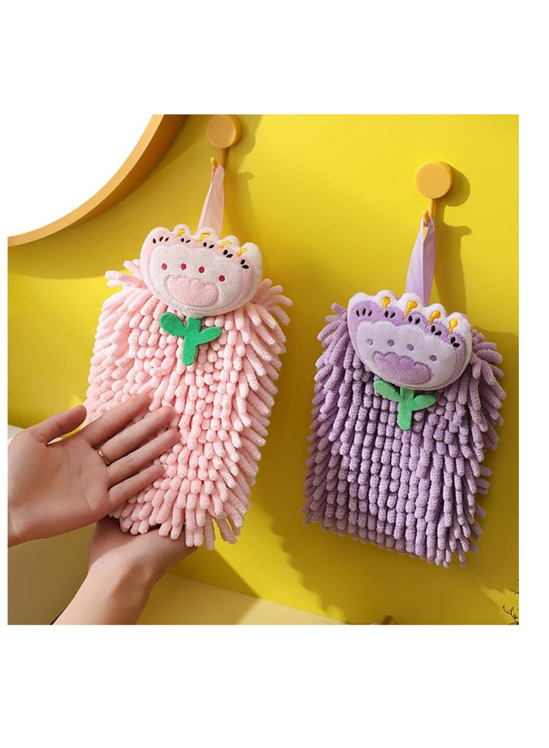 Plush Chenille Hanging Hand Towels, Soft Absorbent Microfiber Hand Towels Quick-Drying  Cartoon Flowers Hand Towel with Hanging Loops for Bathroom Kitchen, Purple+Orange+Pink