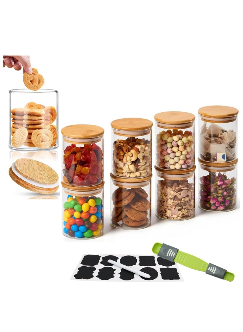 Glass Jars Set 8cm*10cm (8 Packs), Food Storage Containers for Kitchen, Spice Jars With Labels, Marker and Spoons, Wood Lid. (Round 8p)
