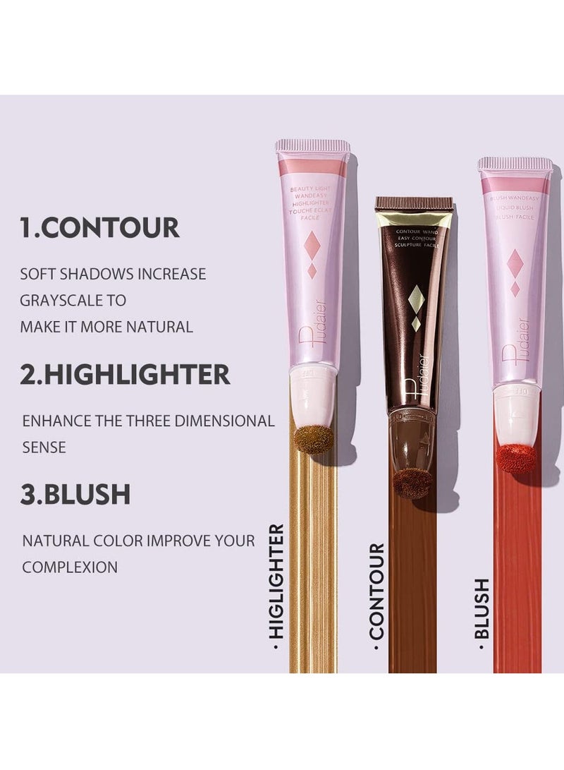 2Pcs Contour Beauty Wand, Silky Cream Contour Stick with Cushion Applicator, Face Highlighter, Bronzer and Blush Makeup, Long Lasting, Lightweight and Blendable (Tomato and Barbie Pink )