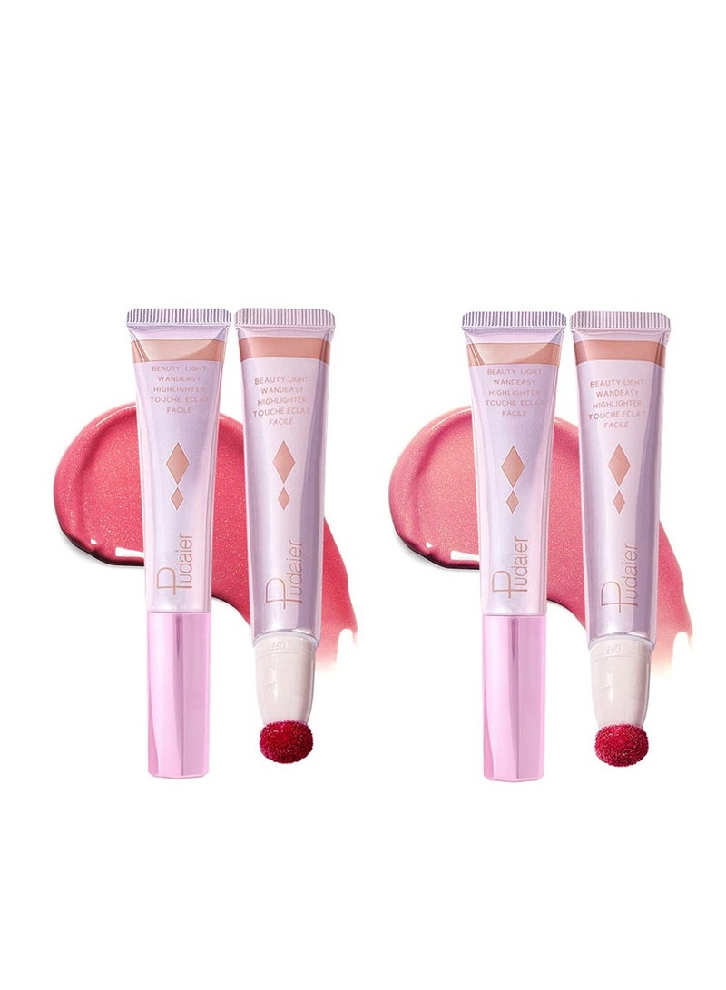2Pcs Contour Beauty Wand, Silky Cream Contour Stick with Cushion Applicator, Face Highlighter, Bronzer and Blush Makeup, Long Lasting, Lightweight and Blendable (Tomato and Barbie Pink )