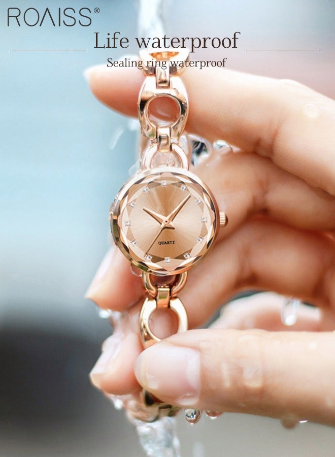 Women's Skeletonized Bracelet Quartz Watch, Analog Display Round Rose Gold Dial Watch with Rhinestones Decoration, Waterproof Elegant Watch as Gift for Women