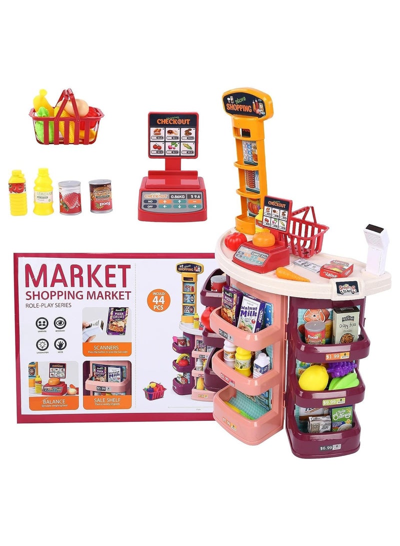 Kids Supermarket Store For Kids Gifts Kitchen Playset With Cash Register Scanner 44 Pieces Ice Cream Shop Luxury Grocery Store Playset With Scanner Shopping Stall For Toddlers