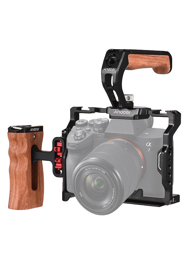 Camera Cage + Top Handle + Side Grip Kit Aluminum Alloy Camera Video Cage with Dual Cold Shoe Mount Numerous 1/4 Inch Threads Replacement for Sony Alpha 7R V/ Alpha 7 IV / A7R IV/ Alpha 7 S III