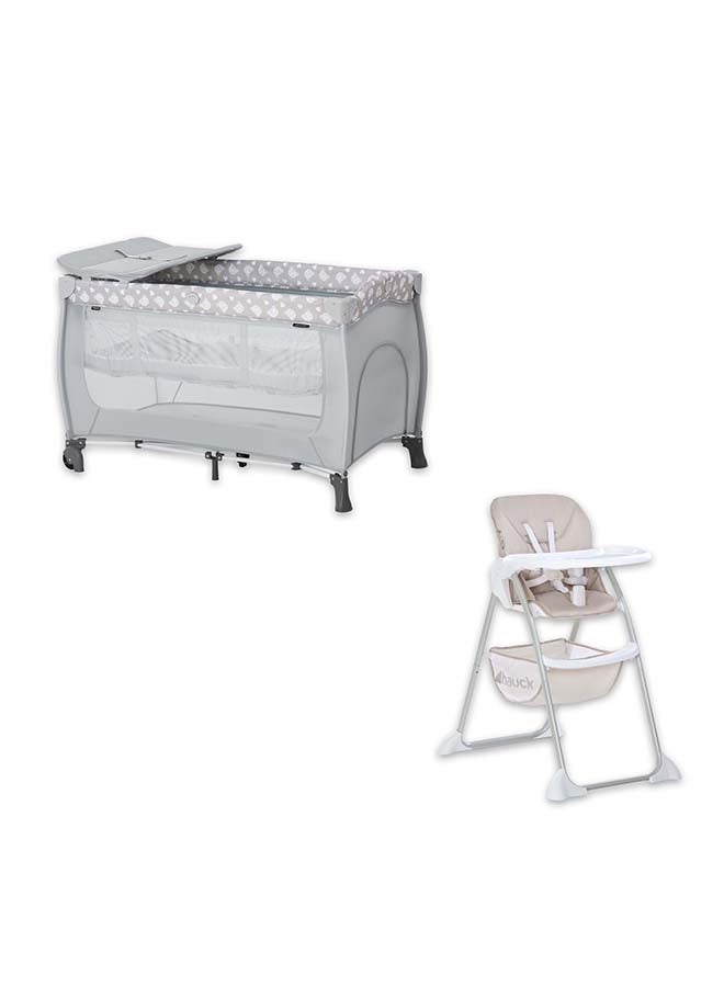 Sleep N Relax Center Travel Cots - Teddy Grey With Sit N Fold High Chair - Beige