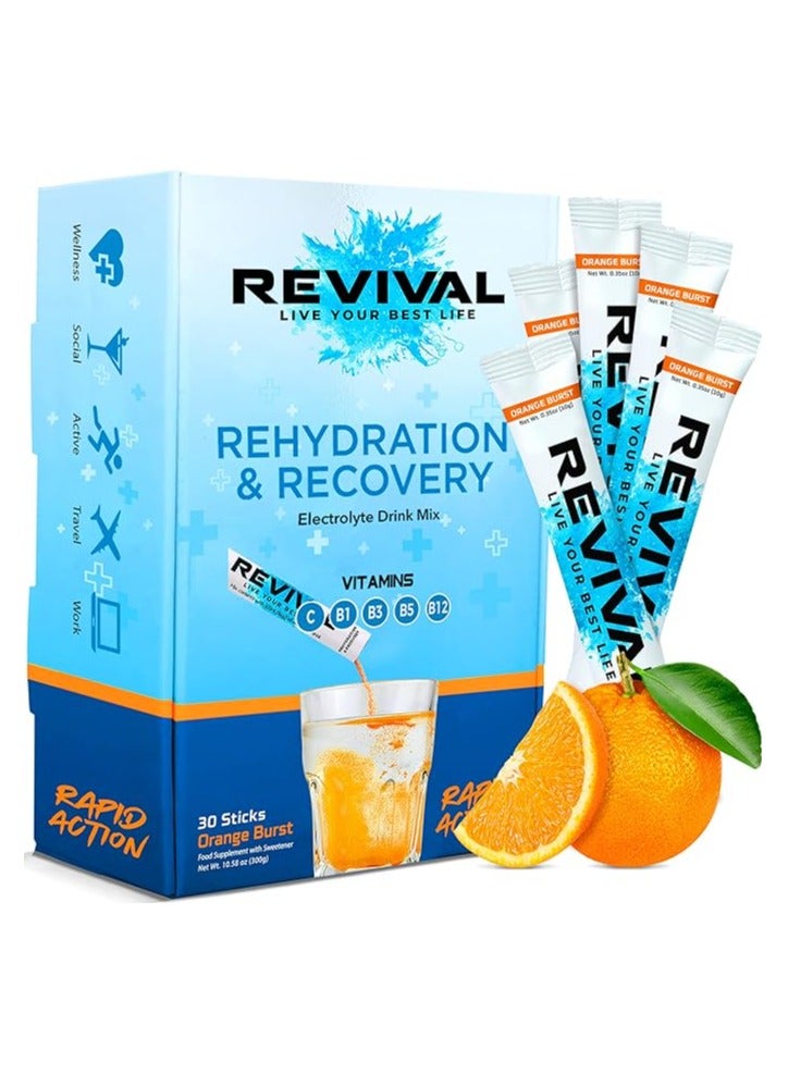 Revival Rapid Rehydration Electrolytes Powder - High Strength Vitamin C, B1, B3, B5, B12 Supplement Sachet Drink, Effervescent Electrolyte Hydration (Orange Burst, 30 Count (Pack of 1))