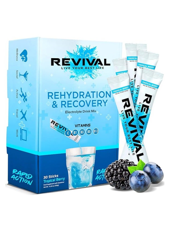 Revival Rapid Rehydration Electrolytes Powder - High Strength Vitamin C, B1, B3, B5, B12 Supplement Sachet Drink, Effervescent Electrolyte Hydration (Tropical & Berry Blast, 30 Count (Pack of 1))