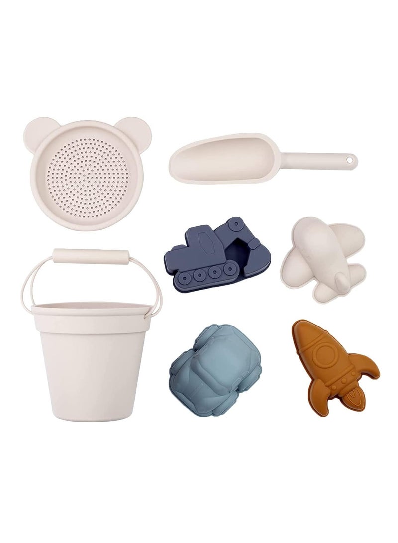 Beach Toys Beach Accessories for Kids, 7 Piece Beach and Snow Toys Set with Silicone Bucket, Shovel, and Molds,Toddler Outdoor Playset Beige