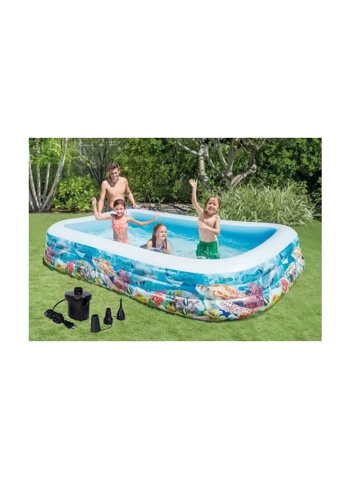 Full Sized Family Lounge Pool for Kids Adults Indoor Outdoor Inflatable Blow Up Swimming Pool Water Pool Bath Tub with Pool Balls and Electric Air Pump Printed 10 Feet Swimming Tub