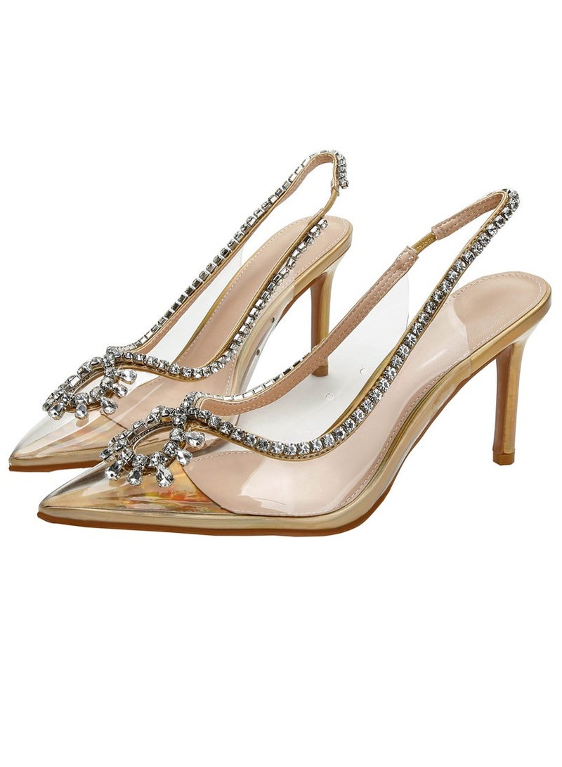 Women's Rhinestone Transparent Closed Pointed Toe High Heels With Strap Stiletto Pumps Gold 8.5 CM