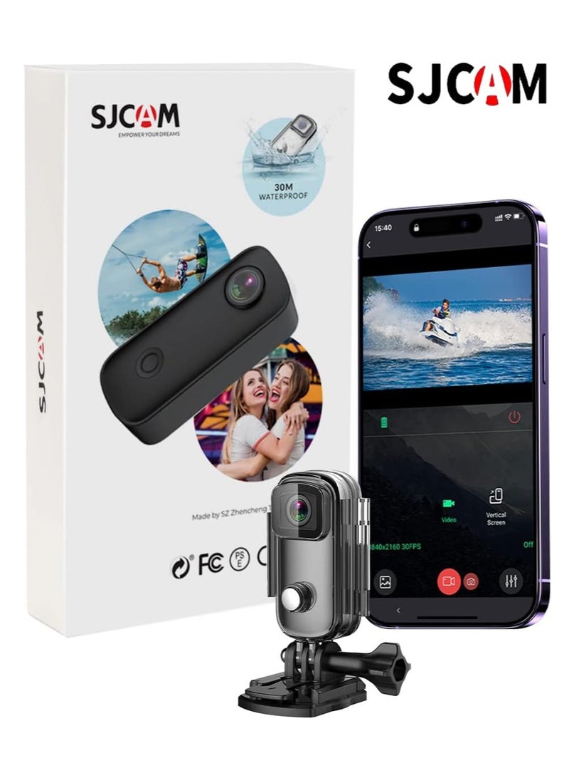SJCAM C100+ Mini WiFi Action Camera 4K30fps Pocket Wearable Body Camera, Magnetic APP Control, Underwater 98FT Waterproof Helmet Camera with Mount Kits 64G SD Card, Weighs 1oz, 2.4 * 1 * 0.6 inch