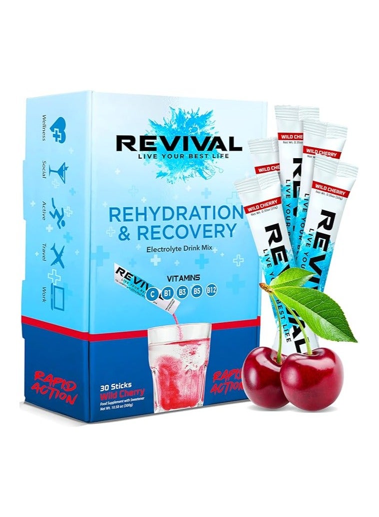 Revival Rapid Rehydration Electrolytes Powder - High Strength Vitamin C, B1, B3, B5, B12 Supplement Sachet Drink, Effervescent Electrolyte Hydration (Wild Cherry, 30 Count (Pack of 1))