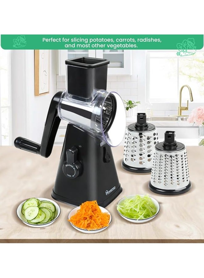 Fruit and Vegetable Slicer with 3 Stainless Steel Rotary Blades, Multifunctional, Round Cheese Slicer and Vegetable, Manual and Safe Grinding (Black)