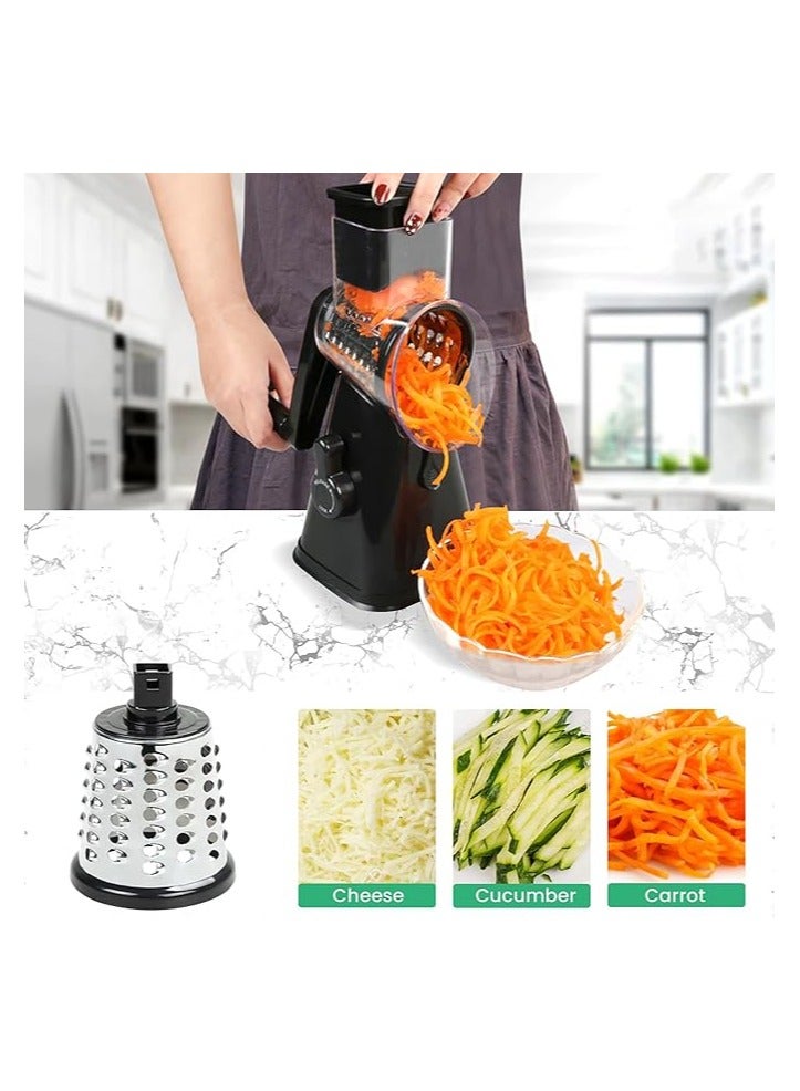 Fruit and Vegetable Slicer with 3 Stainless Steel Rotary Blades, Multifunctional, Round Cheese Slicer and Vegetable, Manual and Safe Grinding (Black)