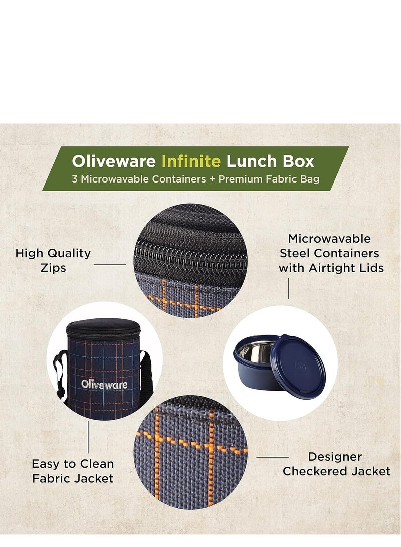 SOPL-Oliveware infinite lunch box, microwave safe and leak proof, 3 inside steel containers with BPA free lids