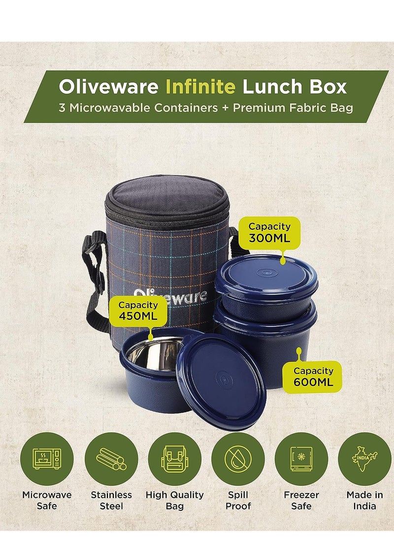 SOPL-Oliveware infinite lunch box, microwave safe and leak proof, 3 inside steel containers with BPA free lids