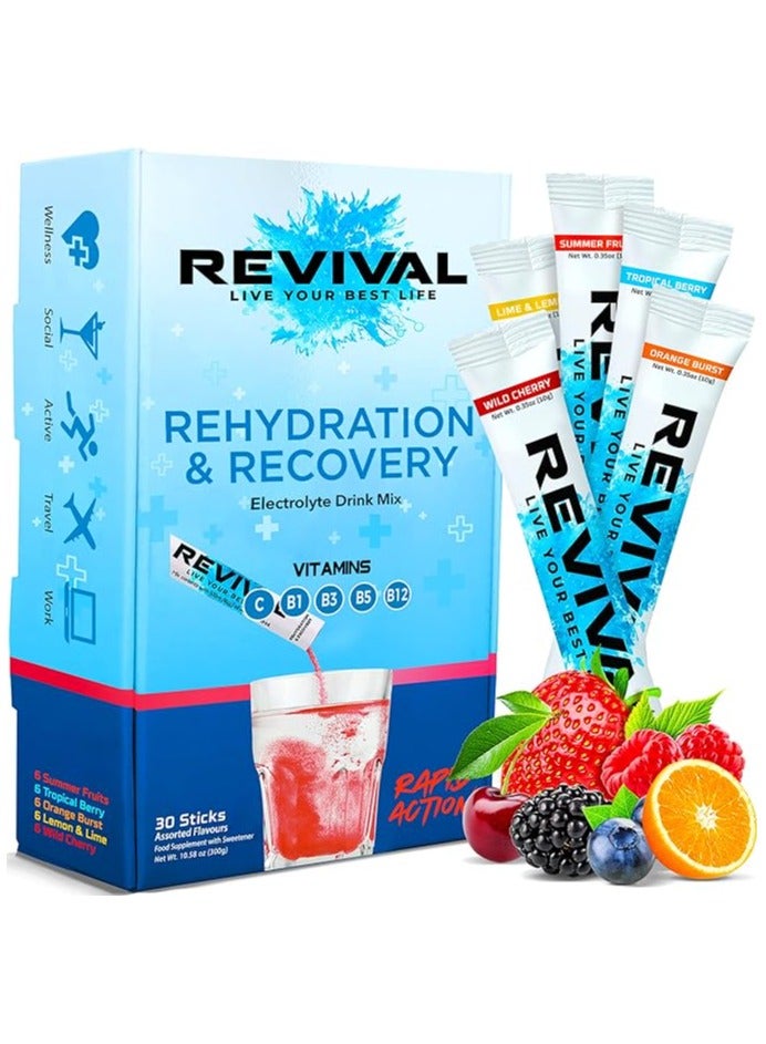 Revival Rapid Rehydration Electrolytes Powder - High Strength Vitamin C, B1, B3, B5, B12 Supplement Sachet Drink, Effervescent Electrolyte Hydration (Assorted Flavor, 30 Count (Pack of 1))