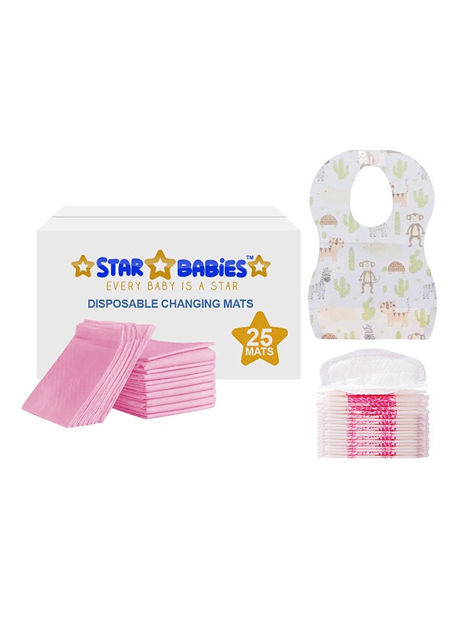 Combo Pack 25 - Pieces Changing Mat/25 - Pieces Breast Pad/25 - Pieces Disposable Bibs - Pink