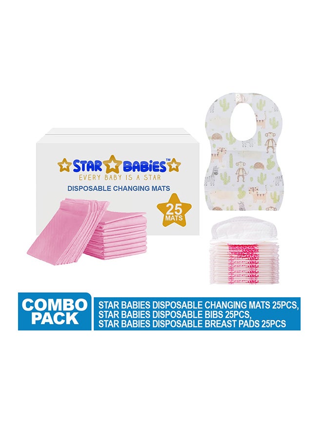 Combo Pack 25 - Pieces Changing Mat/25 - Pieces Breast Pad/25 - Pieces Disposable Bibs - Pink