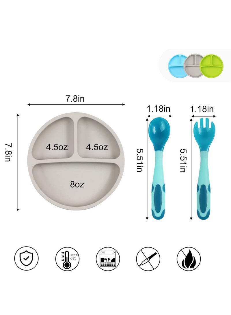 3 Pack Safe Silicone Baby Suction Plates, Toddler Divided Plate Set with Spoon Fork, Dishwasher and Microwave Safe Blue, Green, Gray