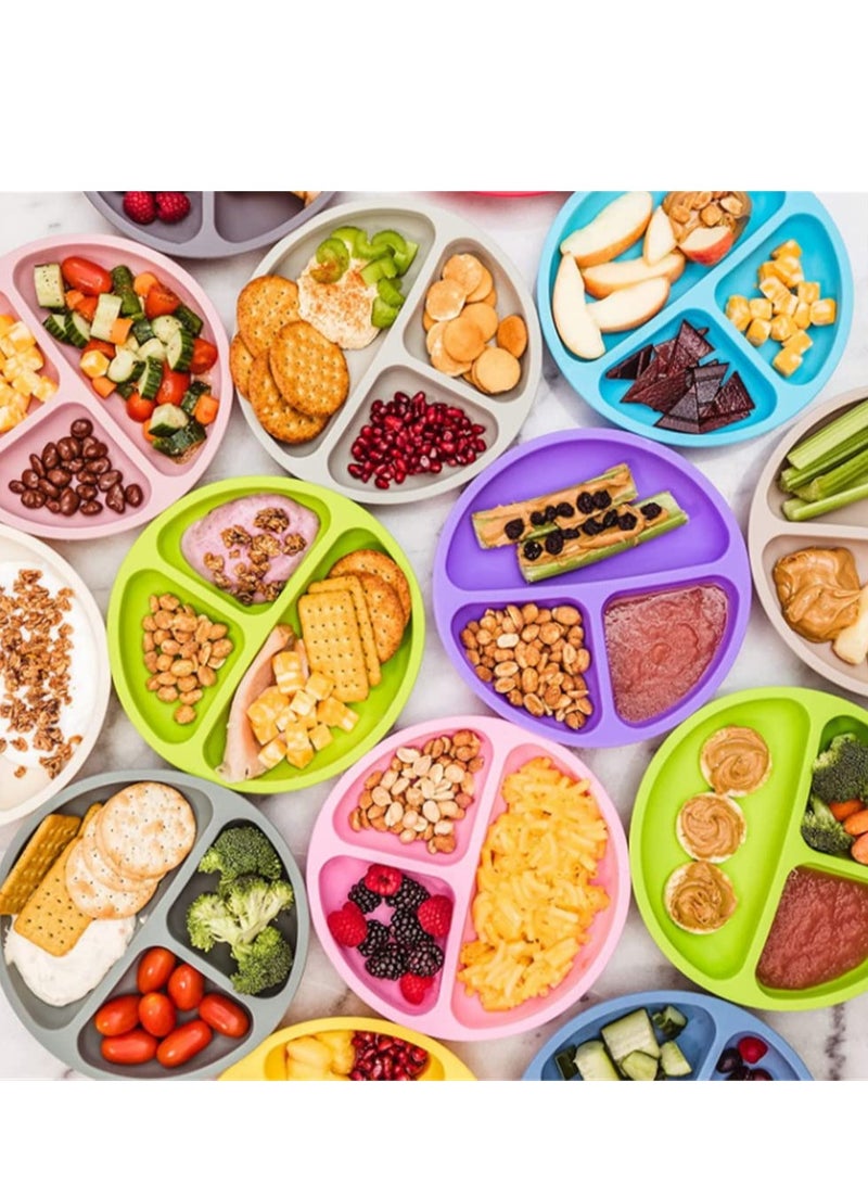 3 Pack Safe Silicone Baby Suction Plates, Toddler Divided Plate Set with Spoon Fork, Dishwasher and Microwave Safe Blue, Green, Gray