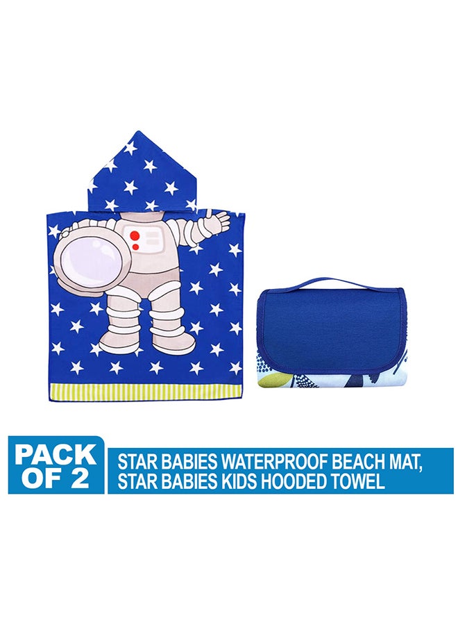 Star Babies Combo Pack of 2 (Waterproof beach mat with Hooded towel Poncho)-Dark Blue