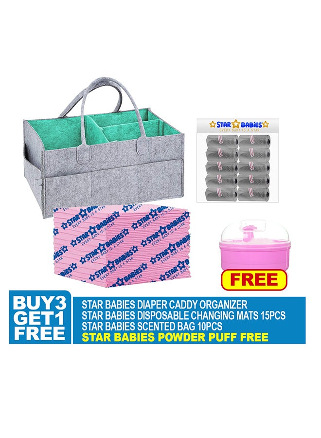 10 - Pieces Changing Mat Caddy Diaper Organizer/10 - Pieces Scented Bag With Powder Puff - Pink